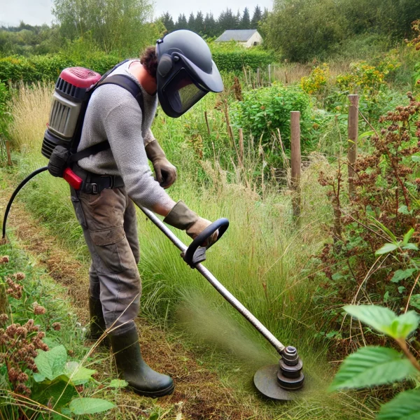 Une personne utilisant une débroussailleuse dans un jardin avec differents types de vegetation, comme des herbes hautes, des mauvaises herbes epaisses et des ronces.